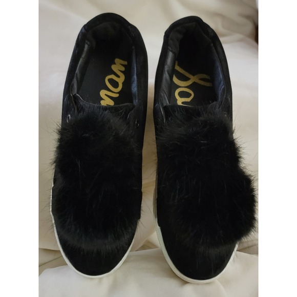 Sam Edelman Shoes - Sam Edelman Black‎ Suede Slip On Sneakers with Fur Pom Poms Women's Size 7m